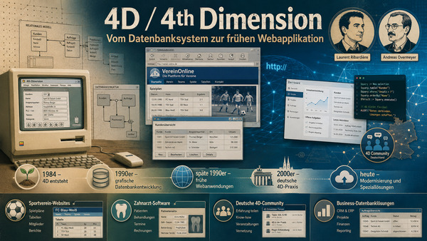 4D und 4th Dimension: Vom Datenbanksystem zur Webanwendung Illustration zur Geschichte von 4D und 4th Dimension vom grafischen Datenbanksystem bis zu modernen Spezialanwendungen