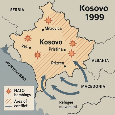 karte-kosovo-krieg-1999 Digitale Karte des Kosovo während des Jahres 1999 mit farblich hervorgehobenen Konfliktzonen und Nachbarstaaten