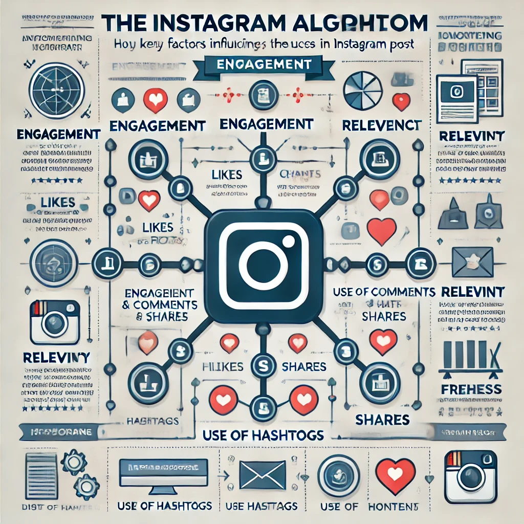 infografik, die die wichtigsten Faktoren des Instagram-Algorithmus darstellt, einschließlich Engagement (Likes, Kommentare, Shares), Relevanz, Hashtags und Frische des Inhalts. Das Diagramm ist modern und strukturiert, um den Erfolg eines Instagram-Posts zu visualisieren.”