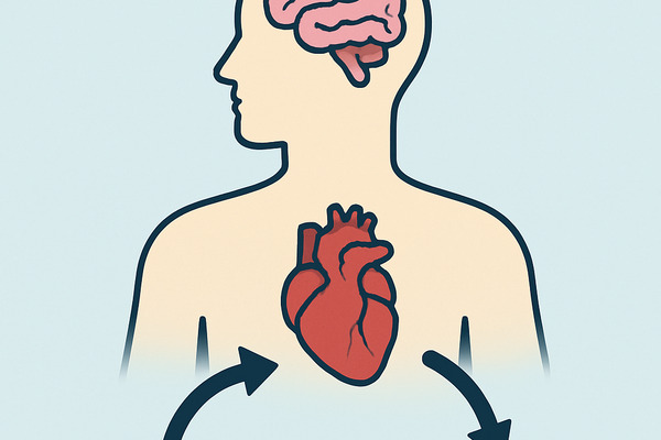 psychosomatische wechselwirkung Illustration eines Menschen mit Gehirn und Herz, die Wechselwirkung zwischen Seele und Körper bei psychosomatischen Erkrankungen darstellt