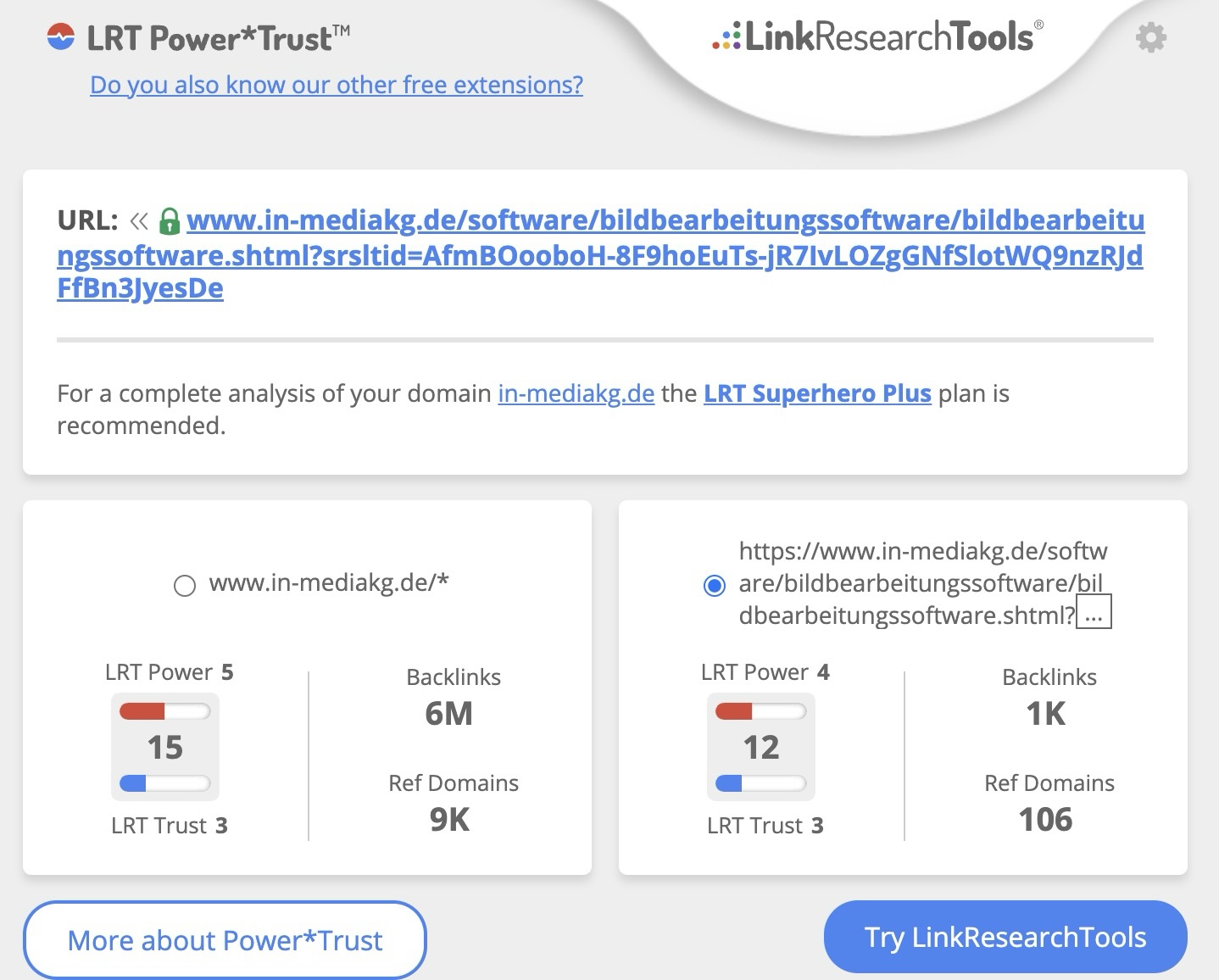 LRT Werte für die Domain https://www.in-mediakg.de/