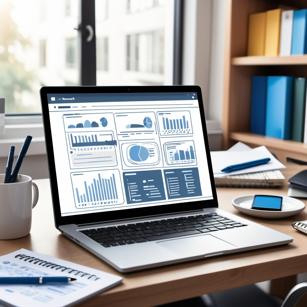 Laptop mit Analyse-Dashboard und Diagrammen, auf einem Schreibtisch, umgeben von Stiften und Notizen – ideal für die Keyword-Recherche.