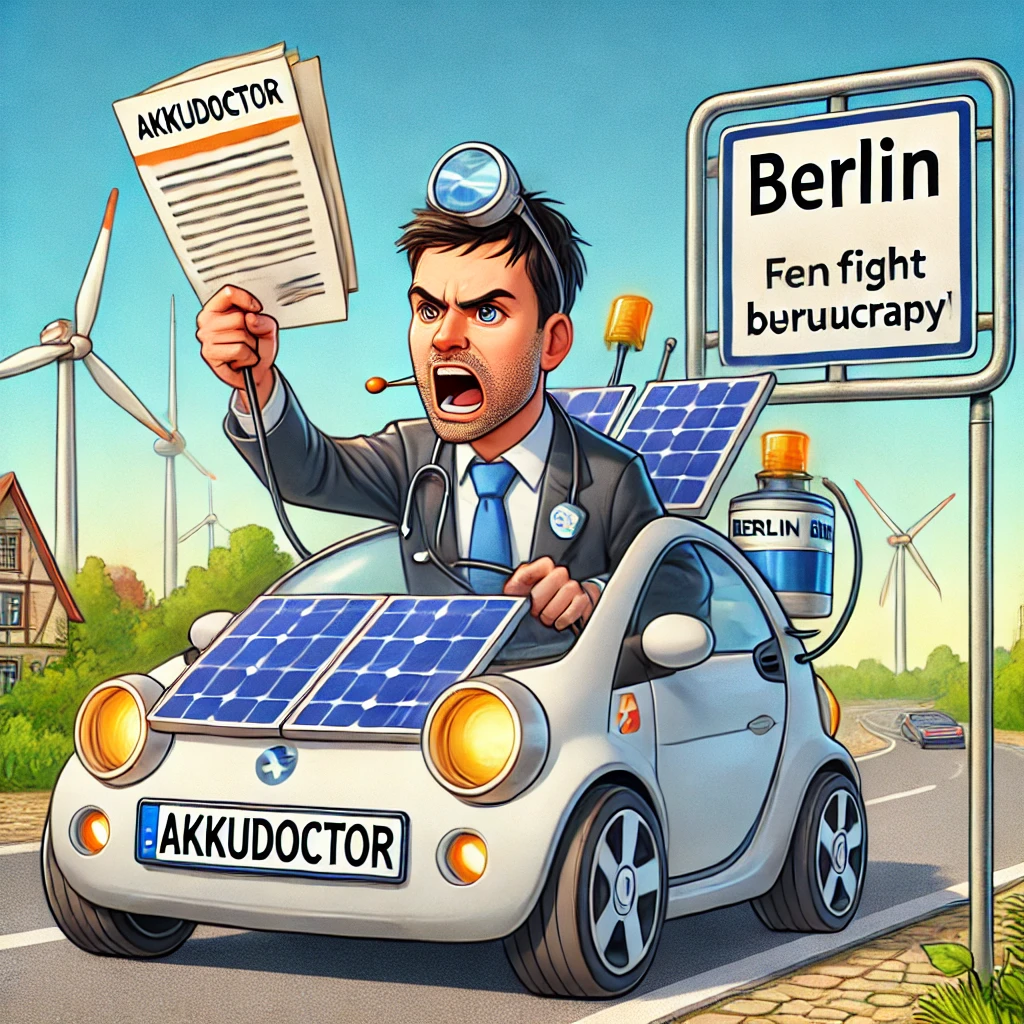 akku doctor petition für berlin. Der Akkudoctor fährt mit seinem Elektroauto Richtung Berlin, im Gepäck Petition und Balkonkraftwerk-Speicher – bereit, die Bürokratie zu durchbrechen.